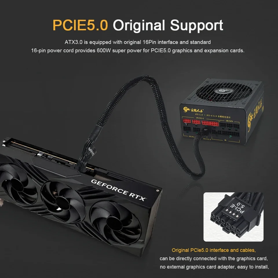 Poccie 5.0電源延長ケーブル,16(12 4) ピン,rtx 3070 rtx3090 4080