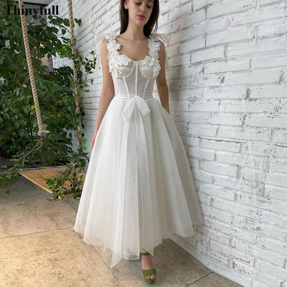 

Thinyfull White A Line Midi Prom Dresses 3D Flowers Girl Prom Party Dress Sashes Ankle-Length Formal Wedding Party Gowns 2022