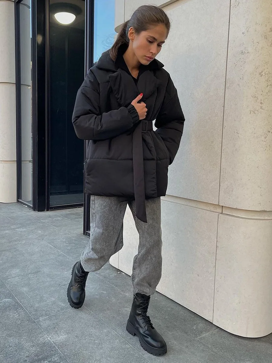 Winter Lace-Up Pocket Parkas Outwear Female V-Neck Loose Long Sleeve Fashion High Waist Bandage Coat Ladies Solid Outwear