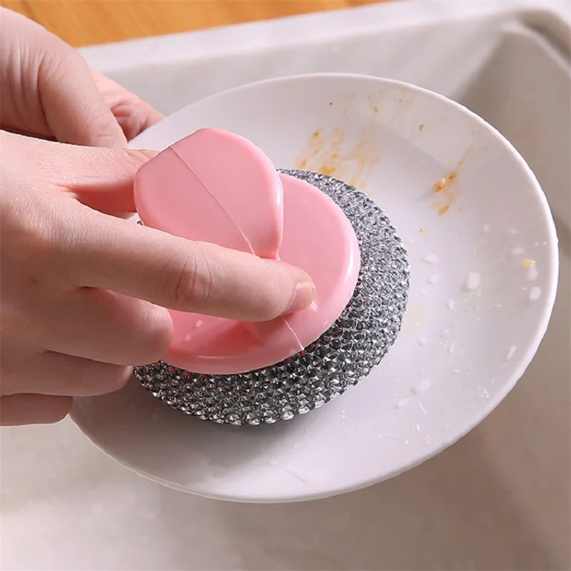 1 pz staccabile manico lavabile spazzola per la pulizia della sfera in filo di acciaio multiuso cucina bagno Scrubber strumenti per la pulizia della casa