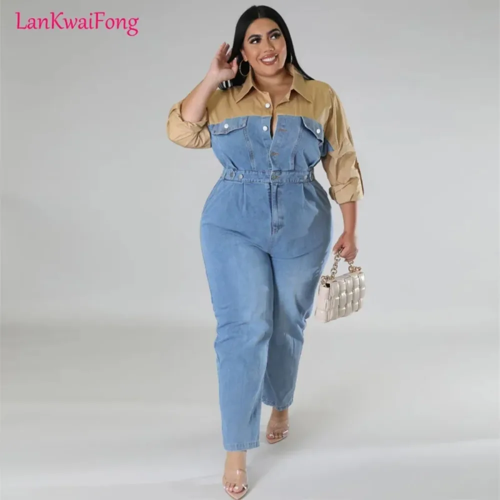 

2024 Casual Women's Denim Jumpsuit 5XL Patchwork Button Lapel Loose Street Versatile Long Sleeved Jumpsuit