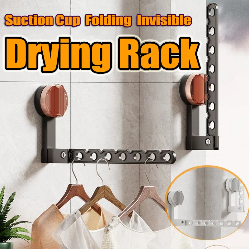 Folding Clothes Drying Rack Suction Cup Wall Mount No drill Laundry Hanger Portable Invisible Retractable Bathroom