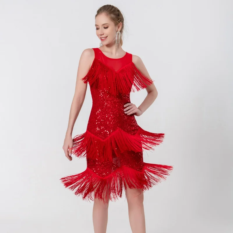 

Sexy Adult Latin Dress Latin Dance Costume with Droplet Sequins and Fringes Perfect for Show and Competition Party Tassel Dress