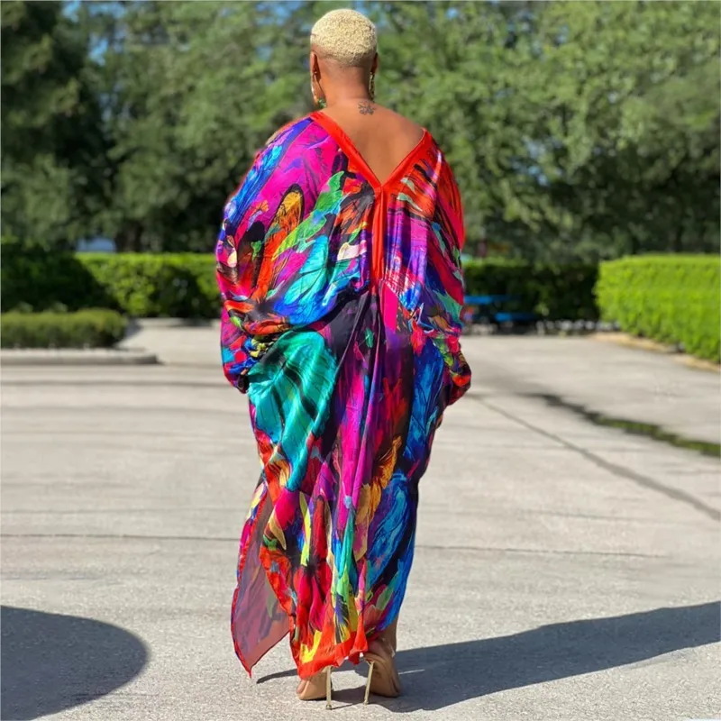 Robe longue en fausse soie imprimée, grande taille 5XL, manches longues, col en V, Robes africaines pour femmes, Robes Ankara, vêtements traditionnels africains