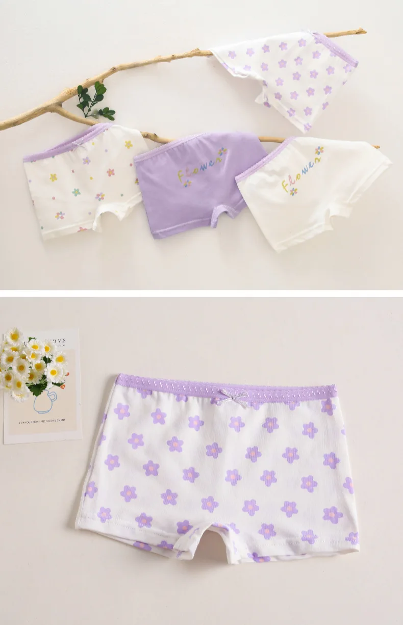Slip boxer in cotone traspirante per bambina, bianco e viola con stampa floreale, pantaloncini di sicurezza per bambini, biancheria intima per bambini - immagine 2