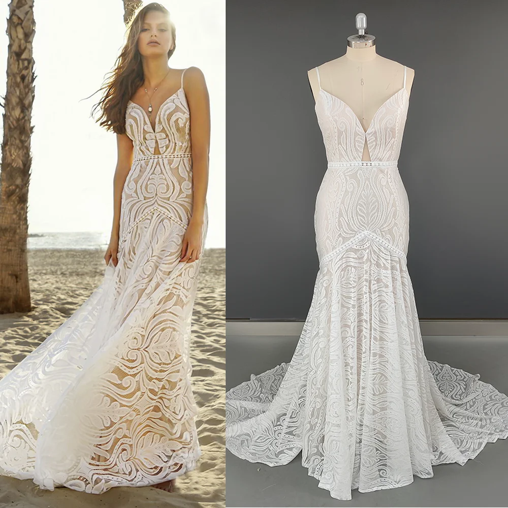 

Sleeveless Spaghetti Strap Deep Sweetheart Wedding Dress Trumpet Lace Backless Elopement Bohemian Beach Bridal Gown With Train