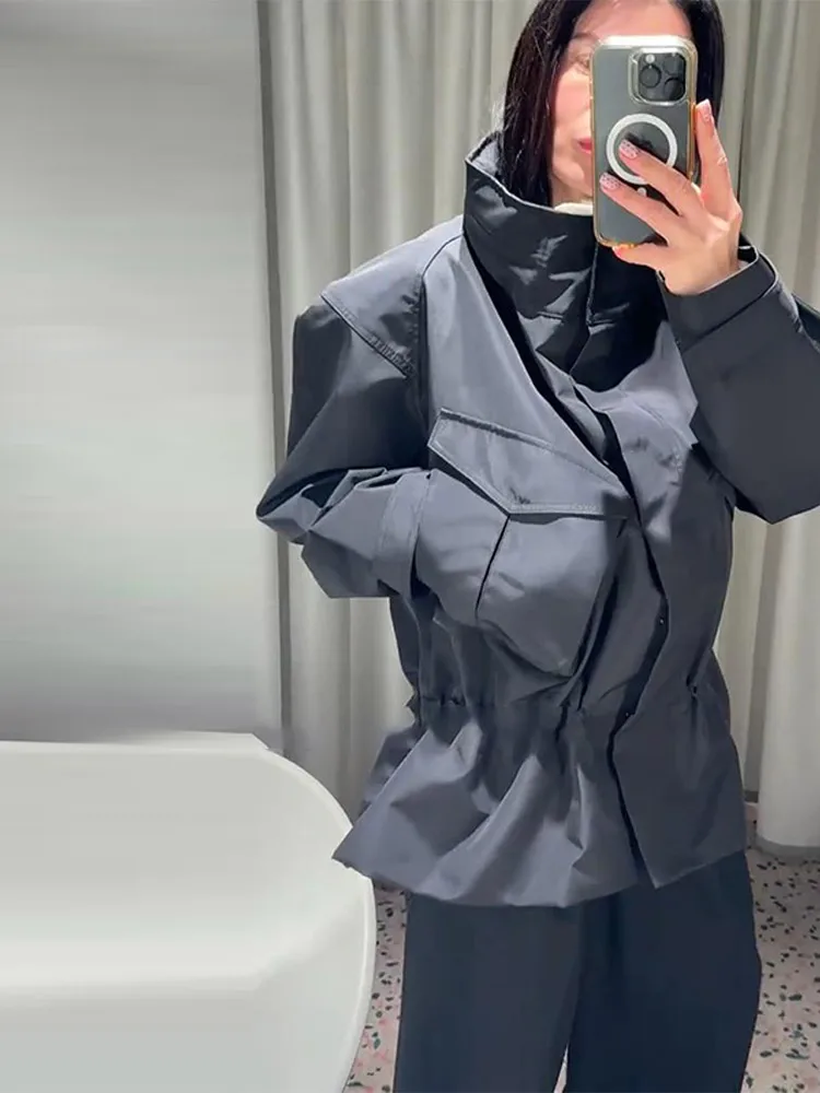 Women's Jacket Coat Drawstring Waist Casual Short Coats Oversized Long Sleeve Utility Pocket Trench Streetwear Spring Outerwear - 3