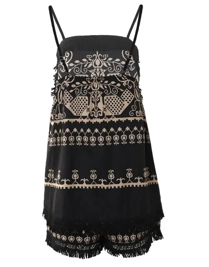 Women Two Piece Outfits 2024 New Wome Tribal Print Tassel Trim Halter Top & Vintage Shorts Set