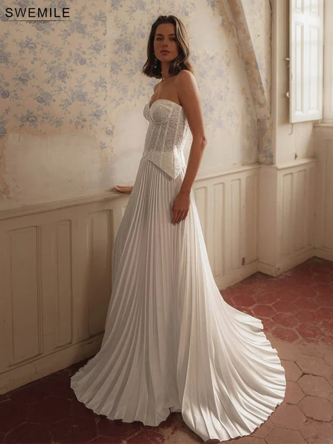 SWEMILE Vintage Pleat Strapless Evening Dresses Corset Lace Appliques Elegant Prom Gown Simple Wedding Party Vestidos Customized 5