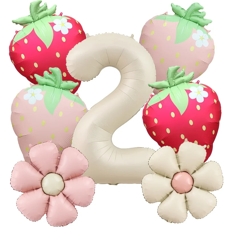 7-teiliges Erdbeer-Blumen-Folienballon-Set mit 40-Zoll-Creme-Zahlenballon – Süße Sommerparty-Deko für den ersten Geburtstag – Detail 4