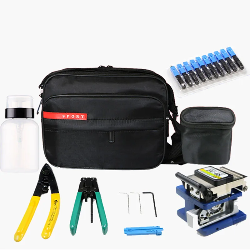 Fiber Optic Tools Kits 9 in 1 FTTH Fiber Optic Tool Bag +Fiber Stripper+ fc-6s Fiber Cleaver+ Miller+10PCS SC UPC Fast Connector cable connector wire twisting tool stripper twister line for power drill drivers