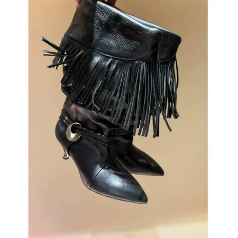 Women’s Suede High Heel Boots | Pleated Thick Heel Pointed Toe