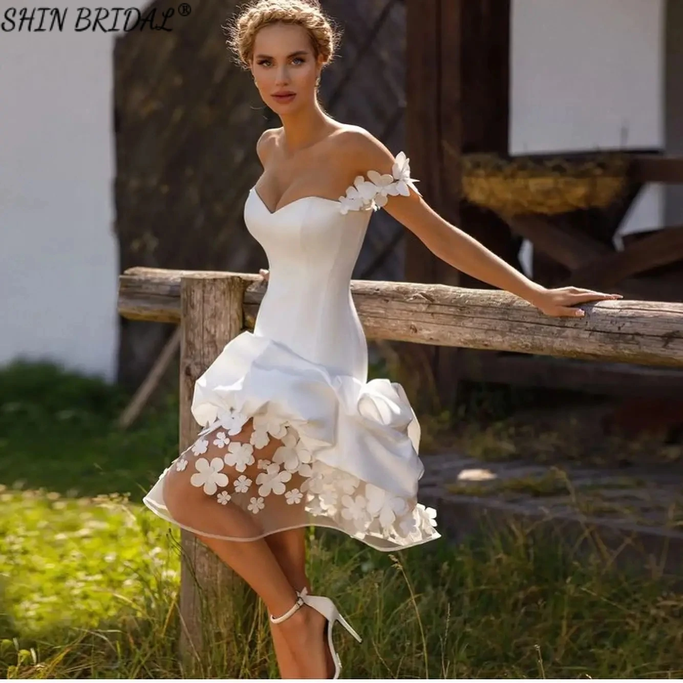 

SHIN BRIDAL Stain Mermaid Evening Dresses for Women Off Shoulder Sweetheart Prom Dresses Sleeveless 3D Flowers Wedding Dresses