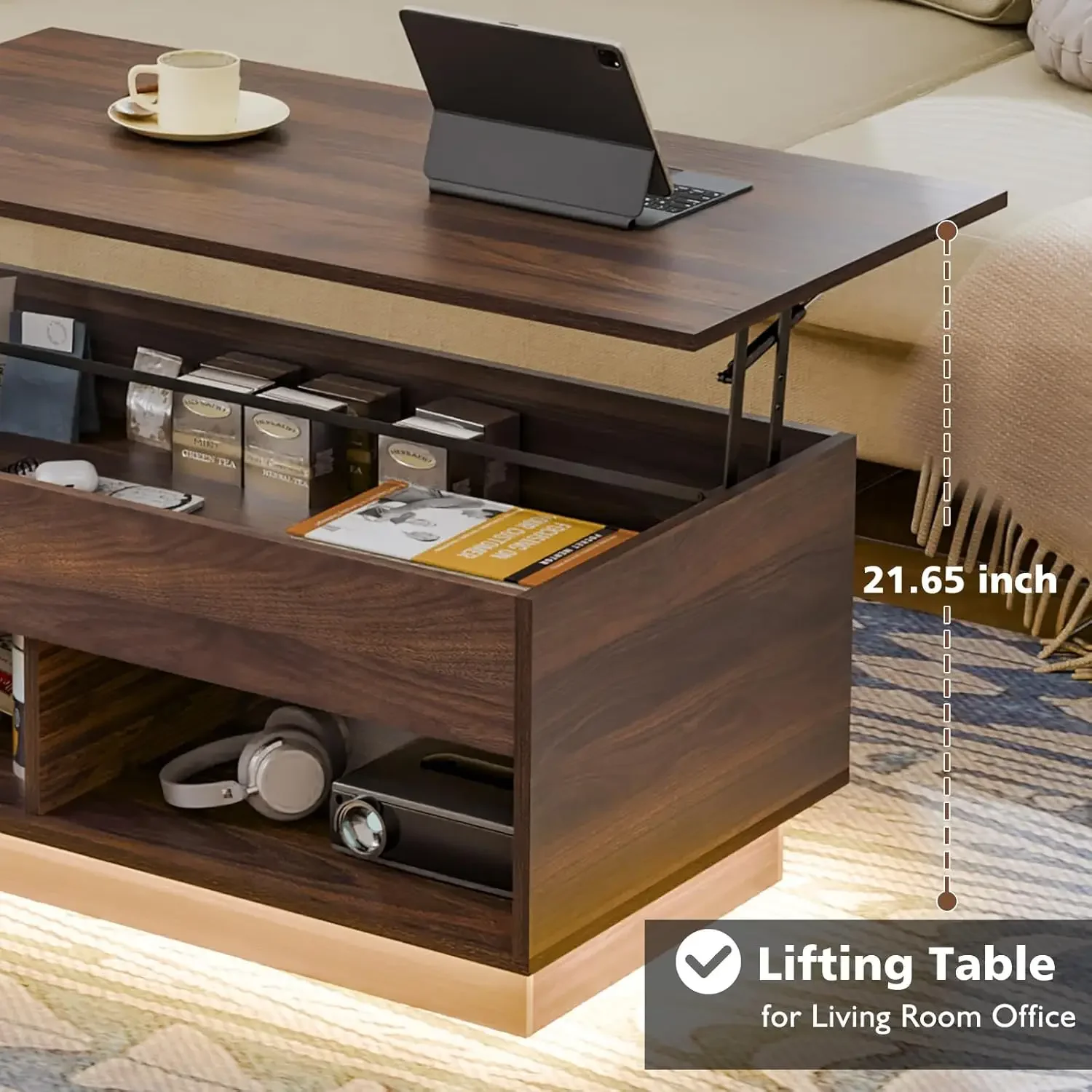 Modern Lift Top Coffee Table with Storage for Living Room LED Coffee Table Wodden Lift Tabletop Dining Table, Walnut 5