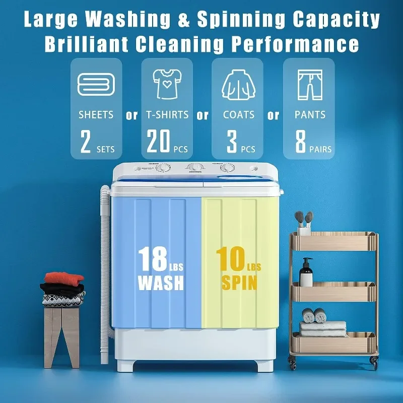 Portable Washing Machine, 28lbs Twin Tub Washer Mini Compact Laundry Machine with Drain Pump 2