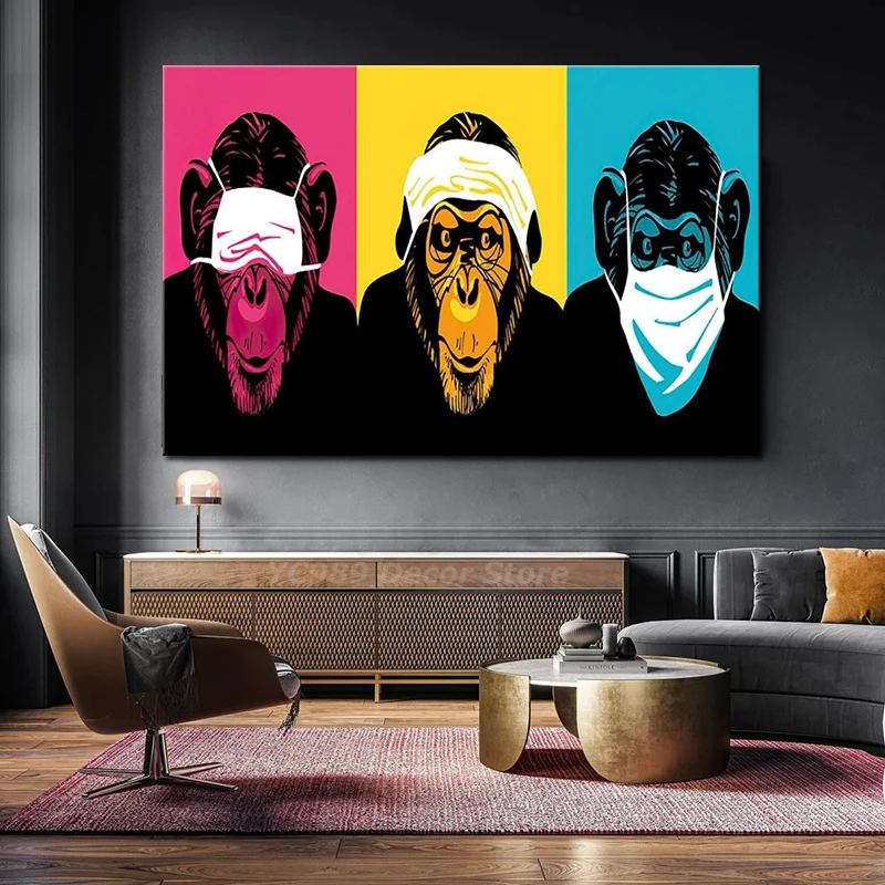 

Seeing Hearing Talking No,Three Monkey Canvas Painting Animal Wall Art Pictures Abstract Poster and Prints for Home Room Decor