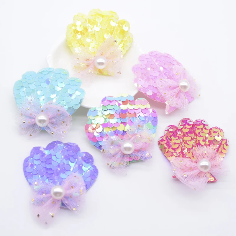 12Pcs Gepolsterte Mesh Perle Dekor Pailletten Shell Applique für Kleidung Schuhe Hut Nähen Patches DIY Headwear Haar Clips Zubehör