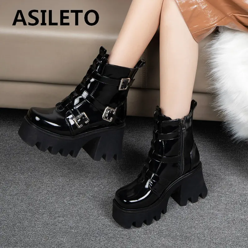 

ASILETO Punk Women Ankle Boots Square Toe Zipper Chunky Heels 8.5cm Platform 4.5cm Belt Buckle Big Size 41 42 43 Gothic Booty