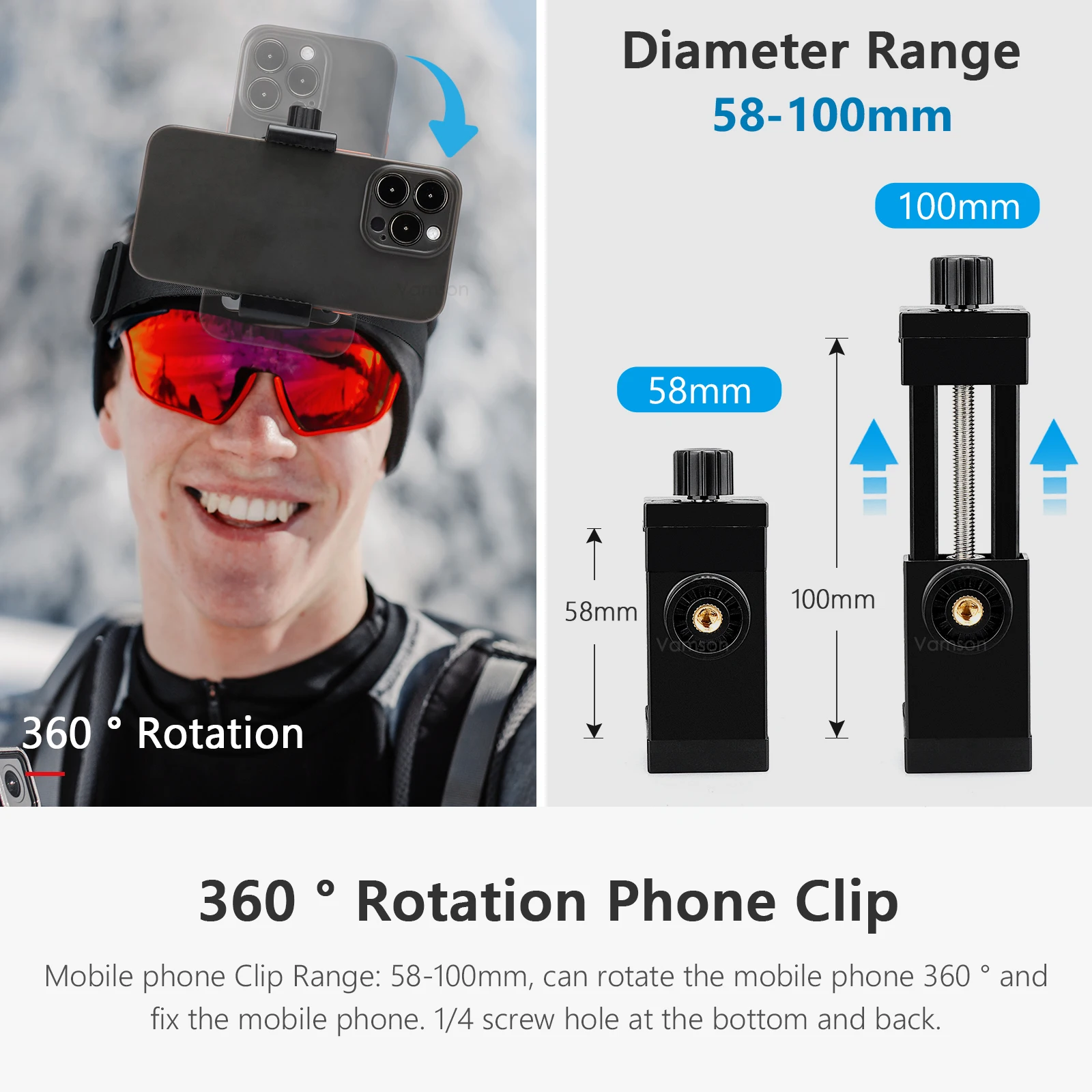 Vamson 360 Degree Mobile Phone Clip for Head Strap Belt Strap Mount Adjustable Cellphone Holder for Samsung iphone Insta360 X3