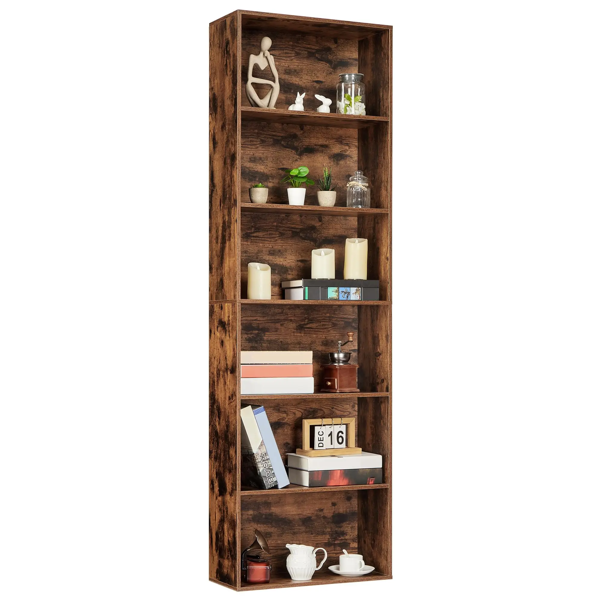 6-stöckiges hohes Bücherregal, 162 cm hoher Holz-Bücherständer im industriellen Rustikalen Stil für Home Office, Robuster 6-stufiger Aufbewahrungsorganizer – Detail 6