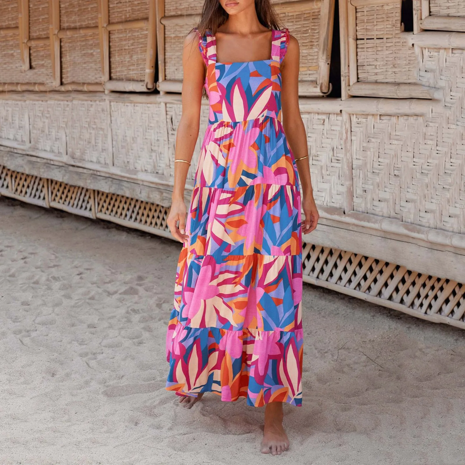 

Summer Boho Floral Printed Dress Women Suspenders Square Collar Sundress Female Ruched Sleeveless Baggy Maxi Dress