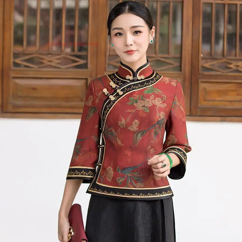 Traditional Chinese Vintage Satin National Flower Print Qipao Tops Oriental Tang Suit Retro Stand Collar Folk Blouse