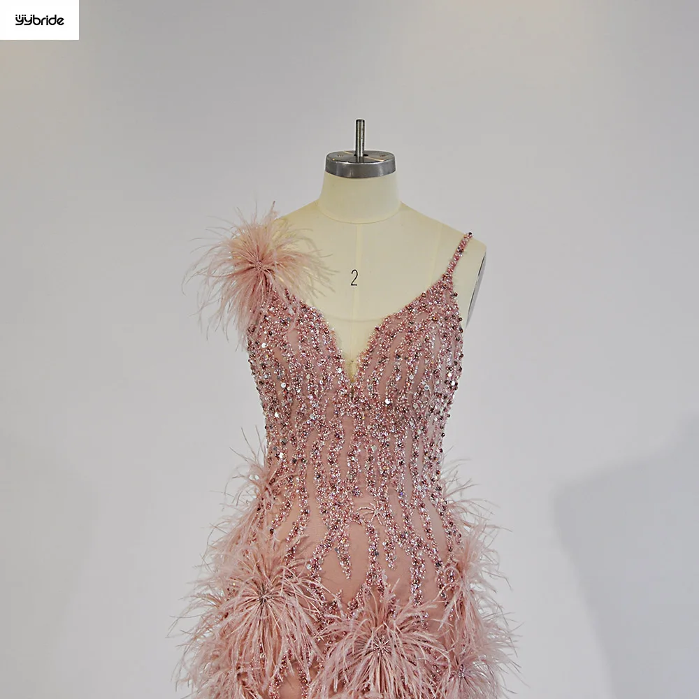 YYbride Newest Pink Feathers Beading Crystals V-neck Backless Sexy Young Girls Mini Cocktail Dresses