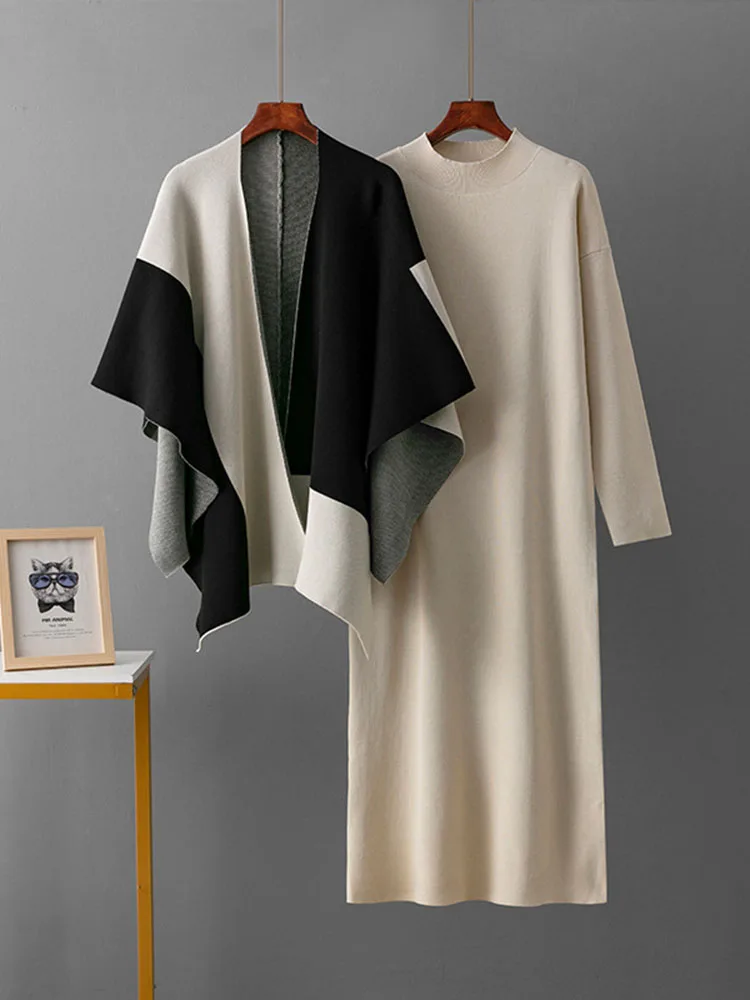 Korean Design Knitted 2 Piece Sets Women O-neck Knitwears Solid Sweater Pullover Dress Conjuntos Fall Winter Casual Shawl Outfit 2