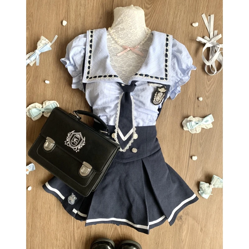 Sweet Rabbit Police Officer Blue Slim Fit irt And Belted Skirt Two Piece Set for Young Women Faionable And Slimming