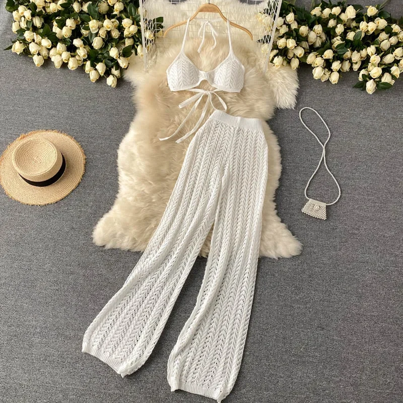 Women Beach Pant and Top Suit Summer Fashion European Style Hollow Knitted Breathable Backless Short Tops+ Wide Leg Pants Hawaii