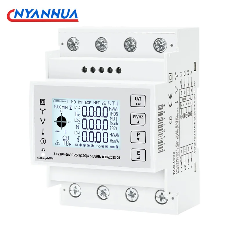 3 상 스마트 모드버스 RS485 다기능 딘 레일 에너지 미터, 클래스 1 99999999.99Kwh, 45 ~ 65Hz
