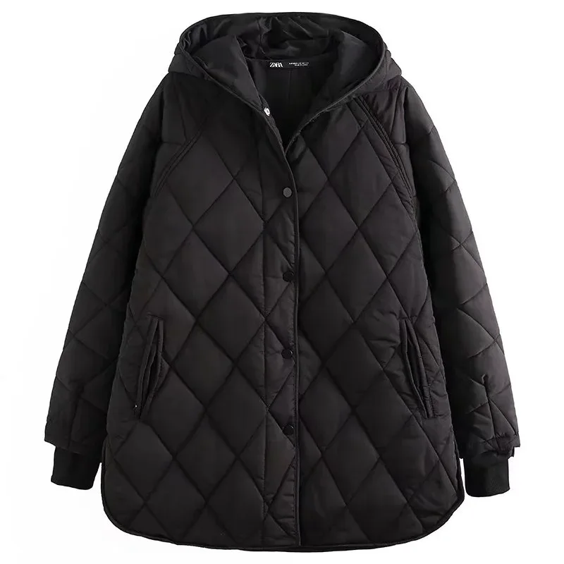 

Women's Diamond Quilted Jackets Stand Neck Lightweight Casual Button Down Winter Long Sleeve Bomber Jacket Warm Coat with Hooded