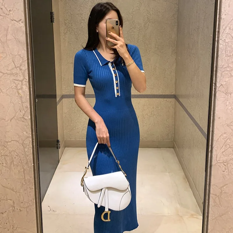 New-Slim-Knitted-Dress-Women-Summer-Korean-Fashion-Polo-Collar-Single ...