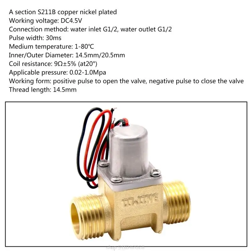 DC 4.5V 1/2" Electric Solenoid Valve Brass Solenoid Valve Water Flow Pul se Electromagnetic Positive Pulse