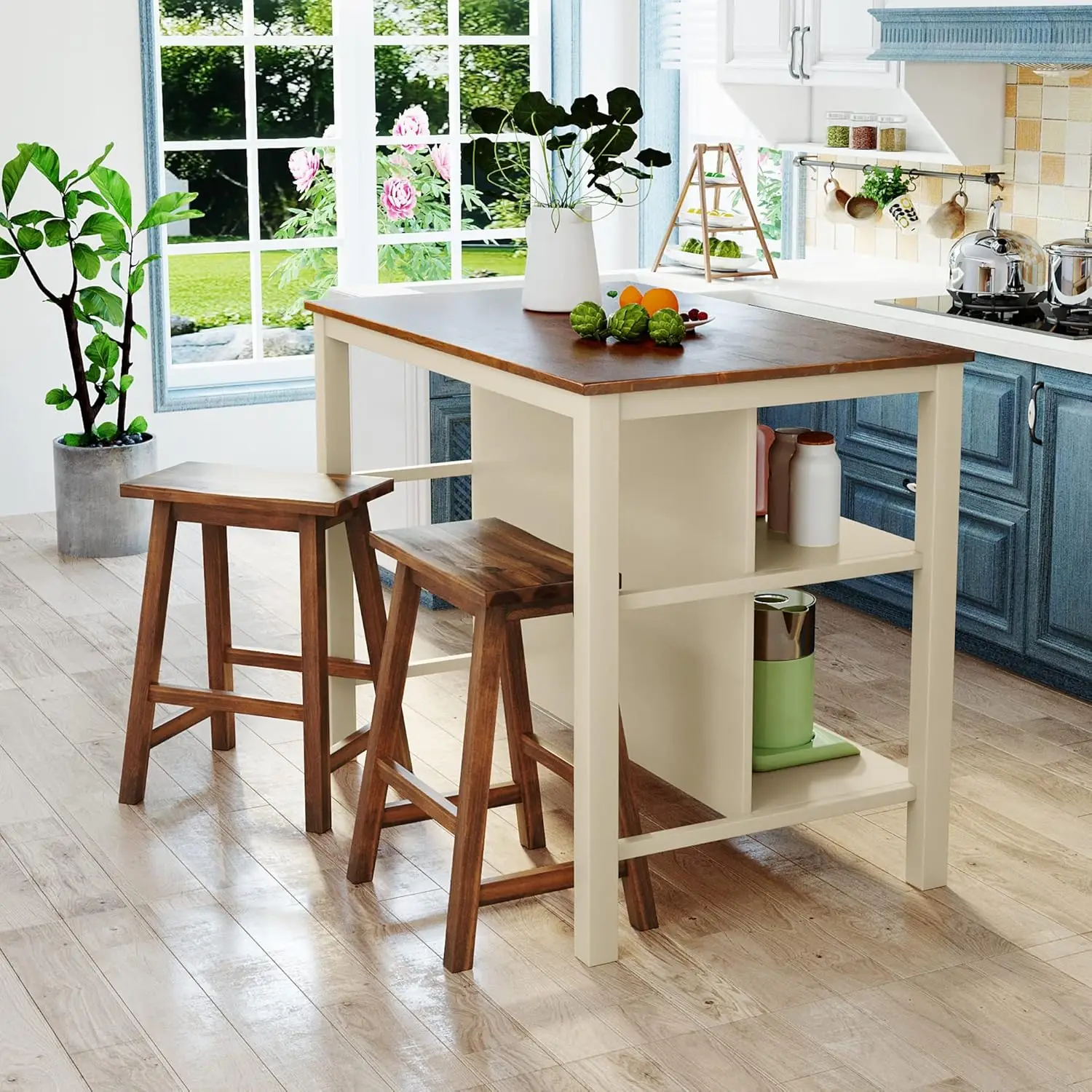 3-Piece Kitchen Island Set with 2 Stools and 2 Shelves, Rustic Rubber Wood Dining Set Prep Table with Open Shelves