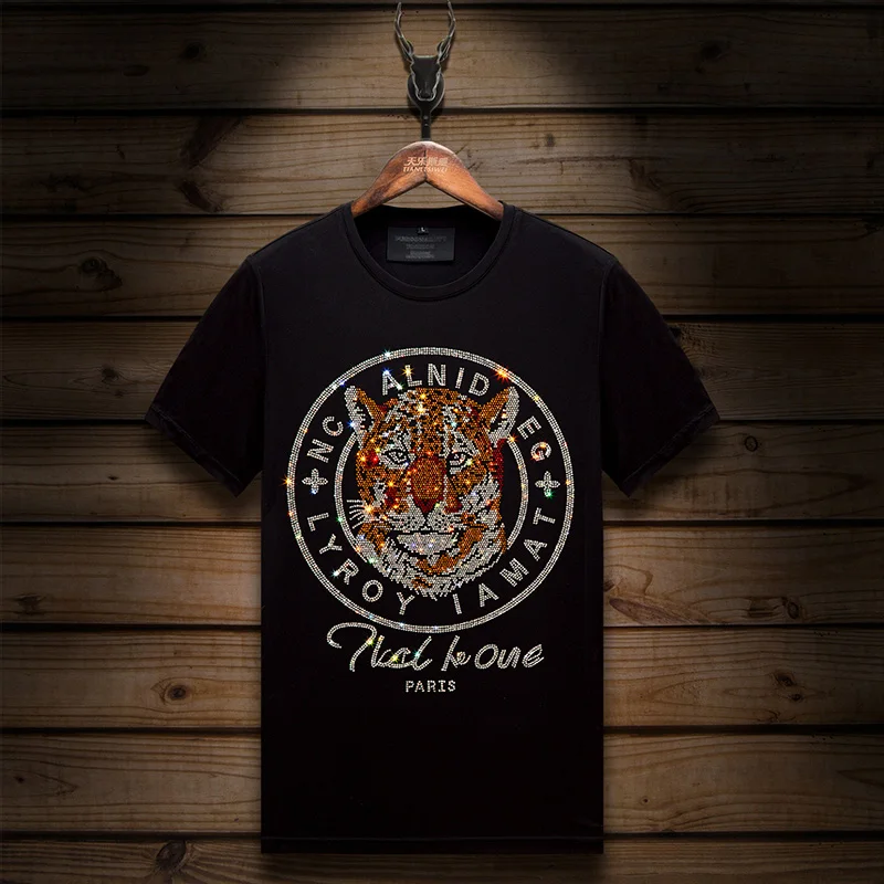 

2022 Animal Rhinestones T Shirts Men Short Sleeve High Quality Fashion Streetwear O Neck Slim Fit Casual T-shirts Plus Size 6XL