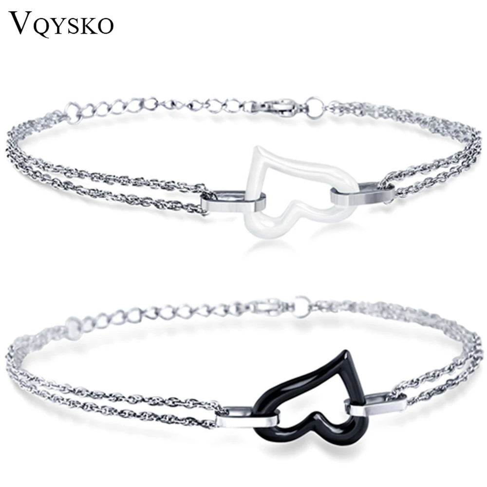 Vqysko Nieuwe Mode Vrouwen Ketting Armband Wit/Zwarte Keramische Hart Armband Met Rvs Ketting Pulsera Sieraden