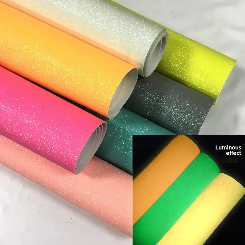 Luminous Glitter PU Leather Fluorescent Fine Powder Leather Handbag Luggage Material Night Glow Artificial Clothing Fabr