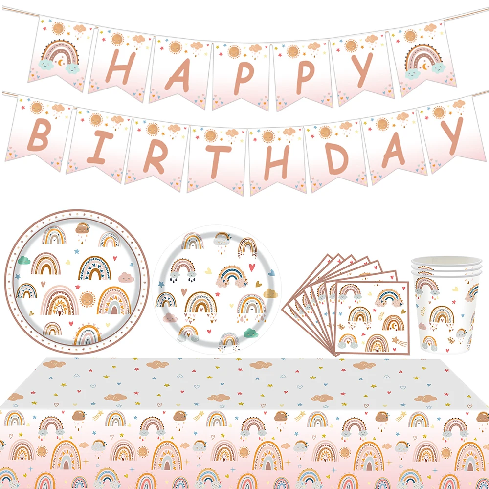 Set De Vaisselle En Papier Boho Arc-en-Ciel - 20 Assiettes + 20 Serviettes - Pour Fêtes Enfants Et Adultes