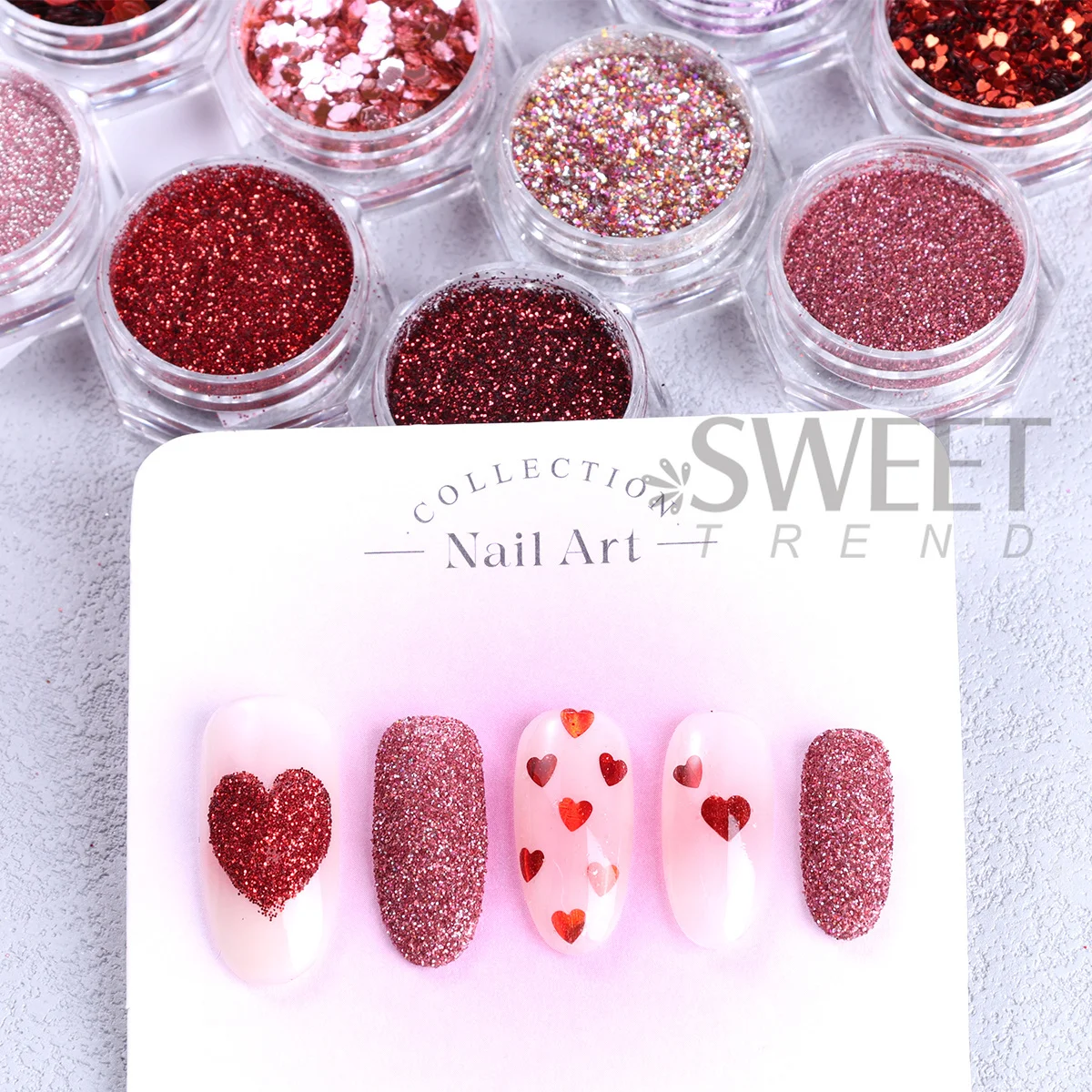 12pcs Sweet Valentine's Series Nail Glitter Mixed Red Pink Mini Love Heart Lip Hexagon Sequins Festive Holiday Manicure Sparkly