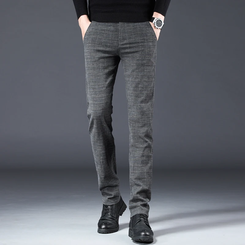 Pantaloni slim da uomo spazzolati autunno inverno imitazione cotone lino elastico piccoli pantaloni neri casual da lavoro scozzesi dritti 4
