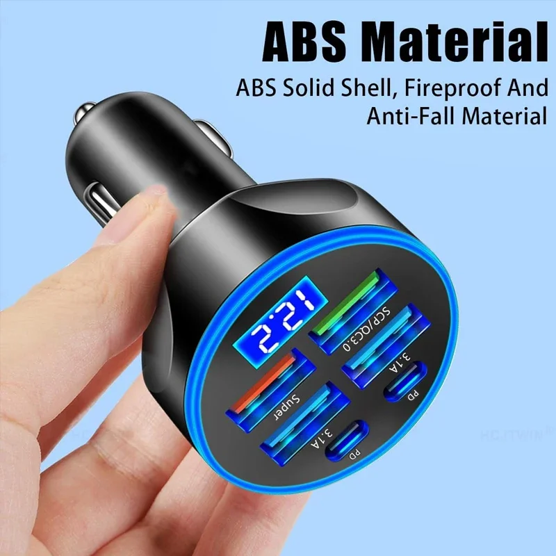 6 in 1 USB C Car Charger Adapter Voltage Monitor Fast Charging Car iPhone Samsung Vivo OPPO Oneplus Mobile Phones