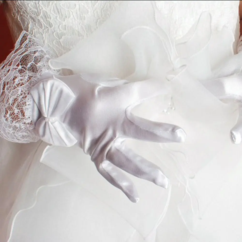 Elegant White Children's Wedding Gloves Bow Knot Glossy Satin Etiquette Dress Gloves Elastic Short Dance Festival