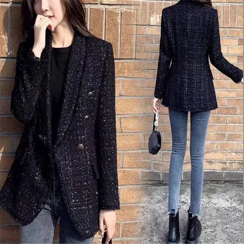 Autumn Women Fashion Tweed Double Breasted Black Blazer Coat Vintage Long Sleeve Flap Pockets Female Outerwear Chic Suit Femme