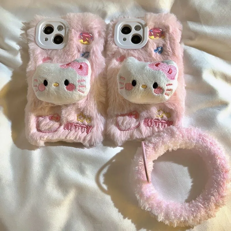 

Kawaii HellosKitty with Bracelet Plush Phone Case for IPhone 15 14 13 12 11 Pro Max Soft Anti-fall Back Cover Y2k Girl Gift