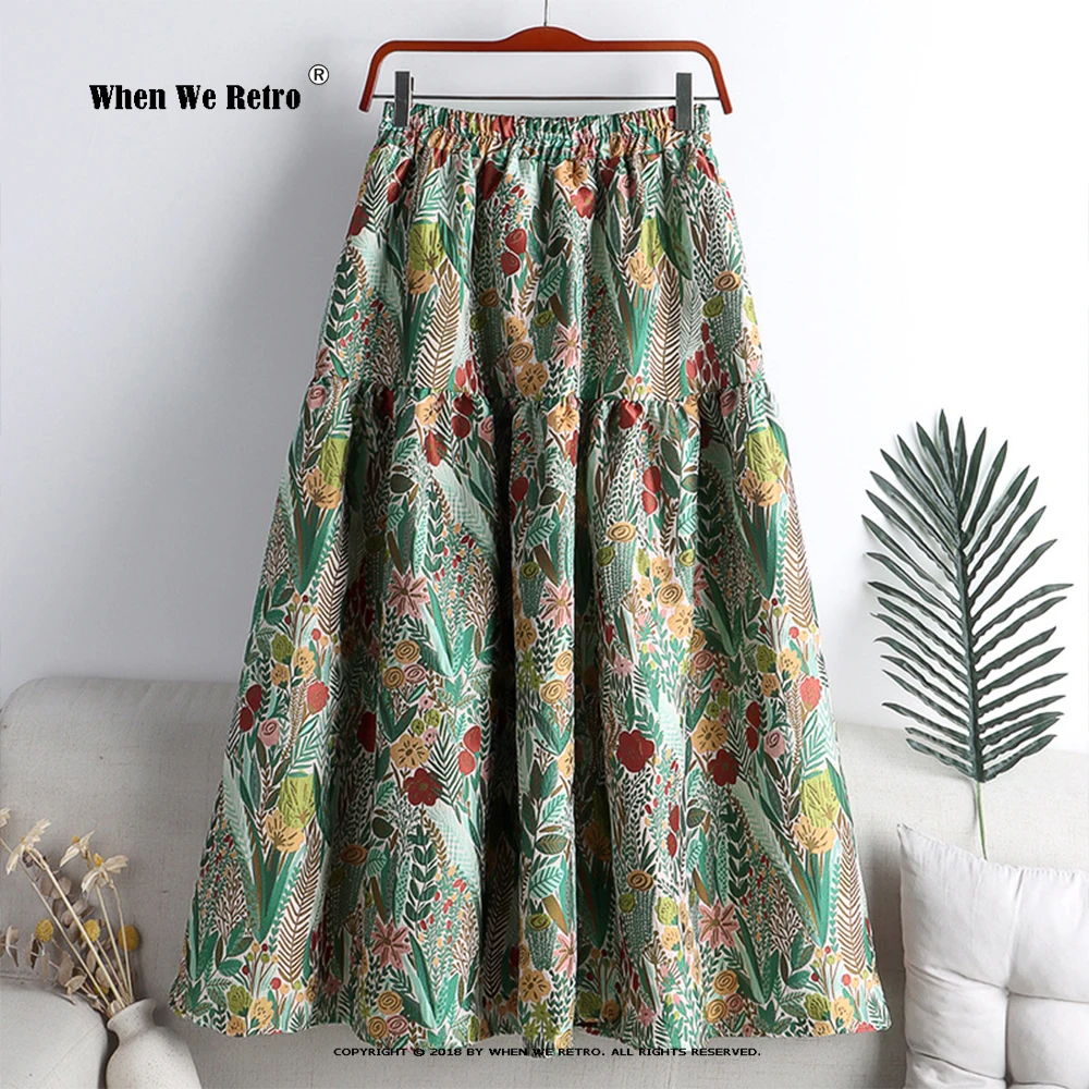 

Chic Retro Floral Embroidery Midi Long Skirt High Waist Large Swing Pleated Skirts Fashion Vintage Bubble Tutu Jupe Femme RS054