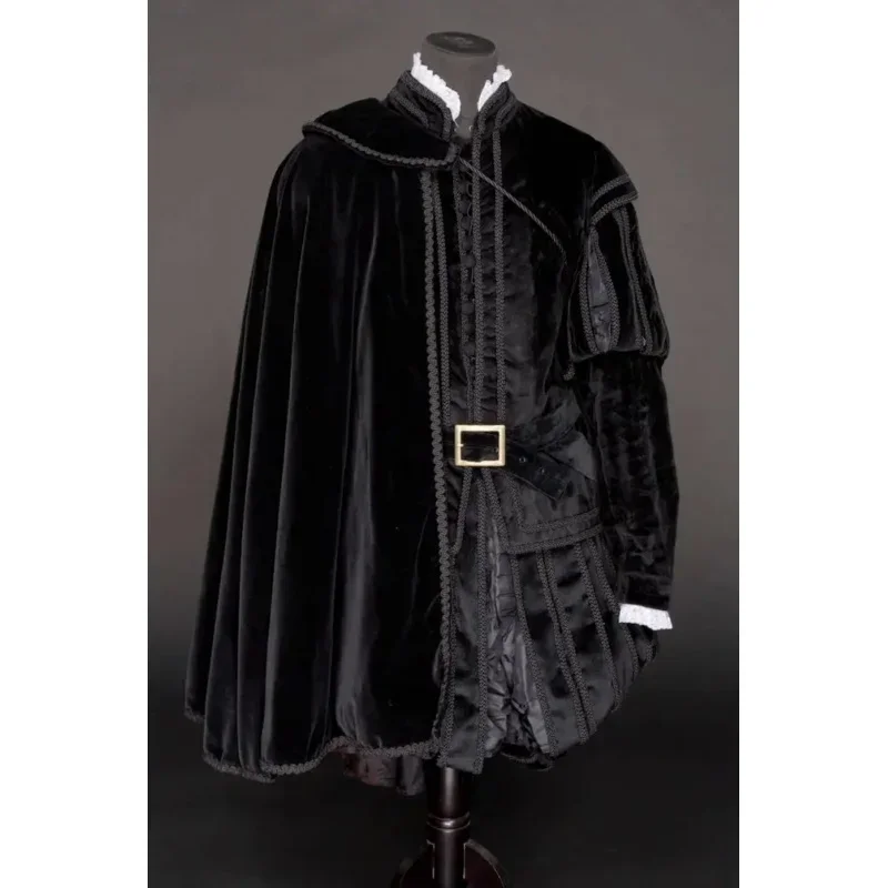 

Men's Tudor Elizabethan Costume Uniform Tudor Kings Henry VIII Costume Black Outfits With Cape Belt Set Tudor Renaissance Dress