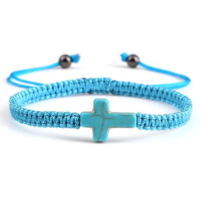 97779-2787de.jpg Bracelet en corde tressée fait main, turquoise naturelle, croix de Jésus, bracelet réglable pour homme, femme, couple, bijoux religieux porte-bonheur, cadeau
