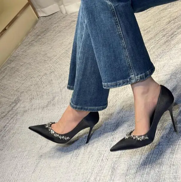 New Black Silk Crystal Strass Decor Shallow Slip On 6 8 10 Cm Tacchi Sottili Décolleté A Punta Donna French Party Dress Shoes