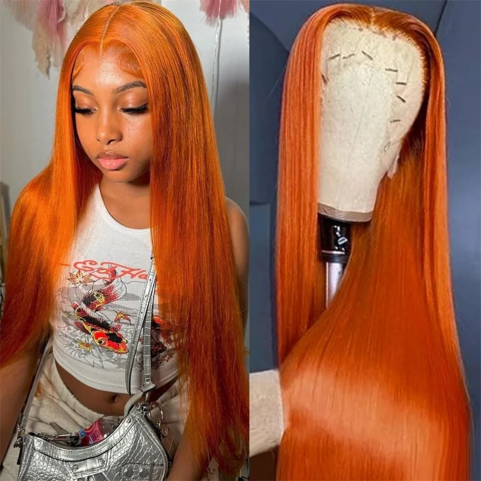 

30Inch Ginger Orange Lace Front Human Hair Wigs 13x4 Straight Lace Frontal Wig Brazilian Glueless PrePlucked Wigs On Promotion